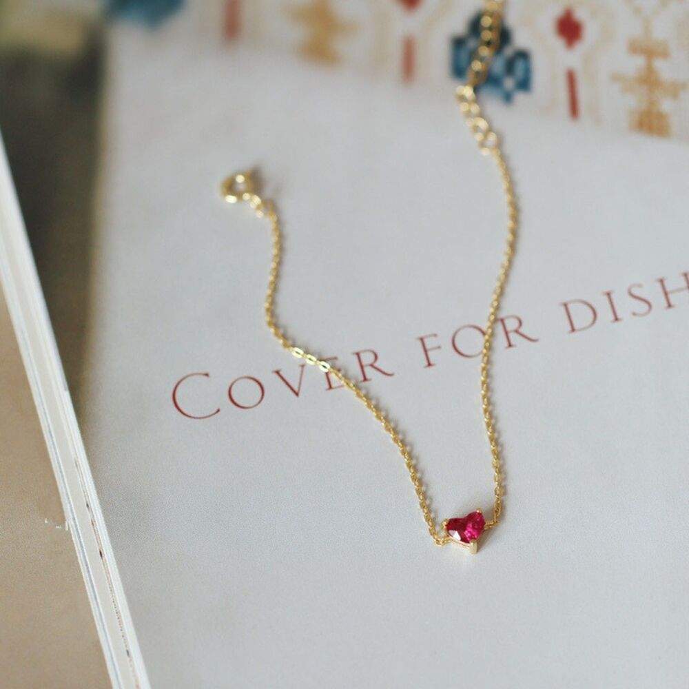 925 Sterling Silver Gold Heart Shape Zircon Dainty Bracelet Red Love Heart Gift - Picture 5 of 5